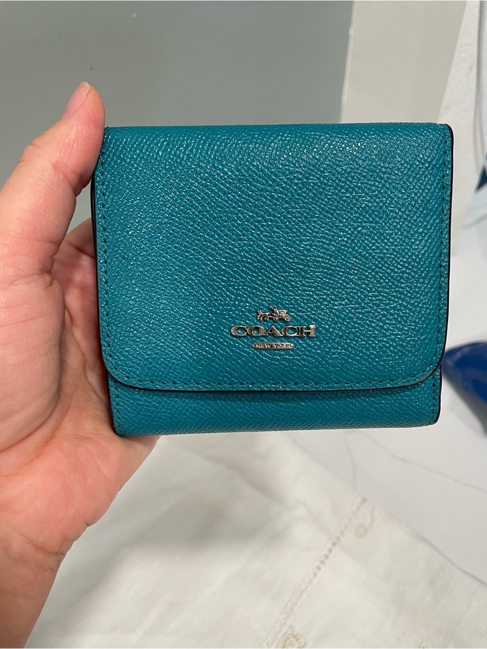 COACH Teal Pebbled Leather Compact Fold Wallet with Logo Hardware